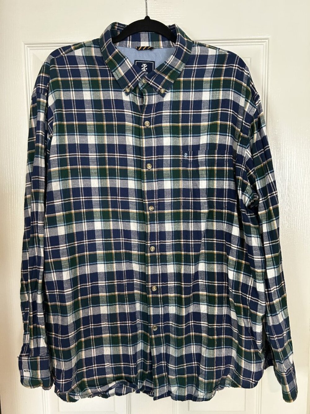IZOD Men's Flannel Button-Down Shirt Navy Green Plaid Long Sleeve XXL